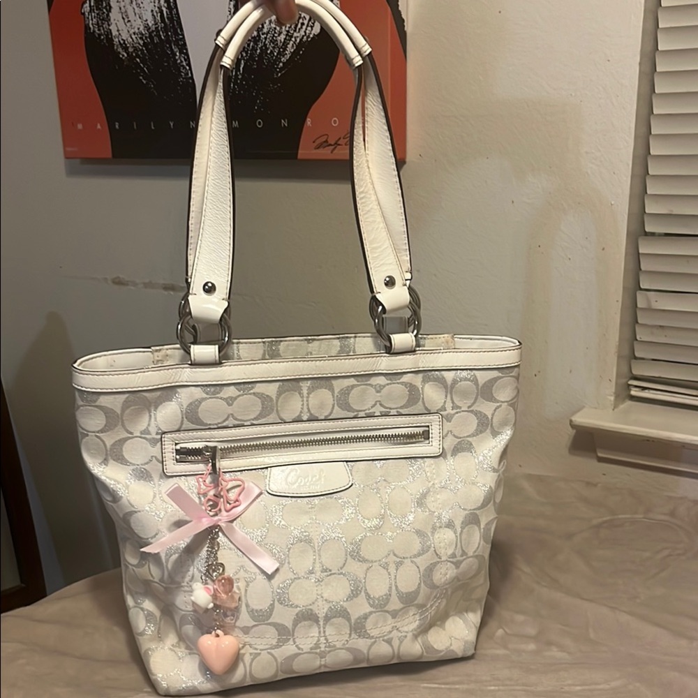 Coach White and Pink Tote Bag with Signature Style